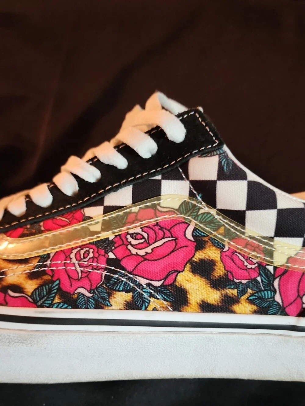 Men's Black & Pink Floral Leopard VANS Casual Sneakers Sz. 9.5